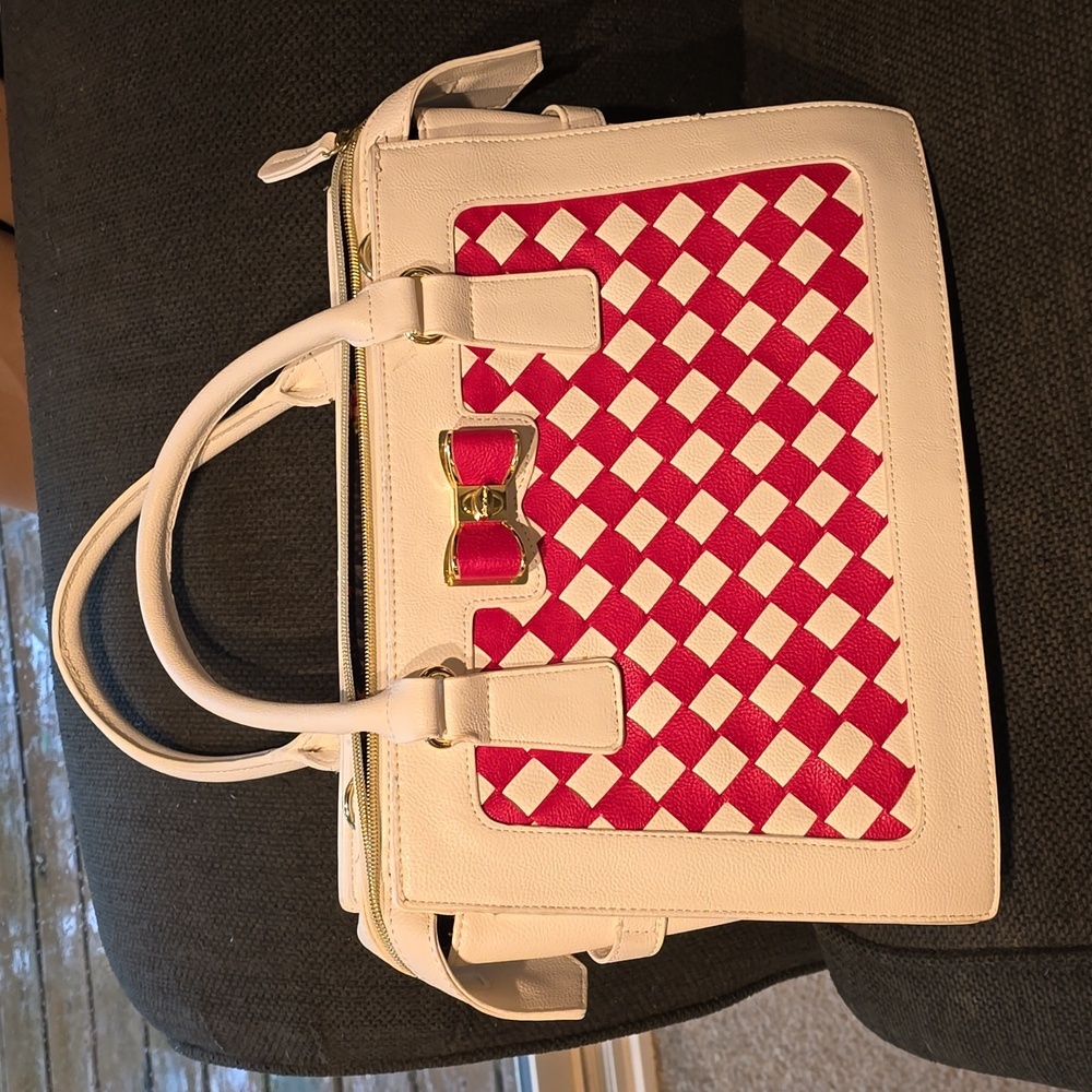 Betsey Johnson White Satchel with Pink Woven Panel & Bow